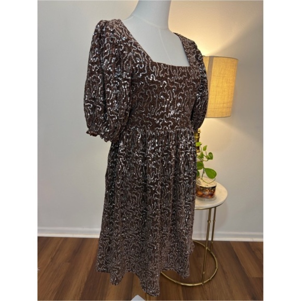 Moon River Brown Sequin Square Neck Puff Sleeve Knee Length Dress Small - Picture 3 of 9